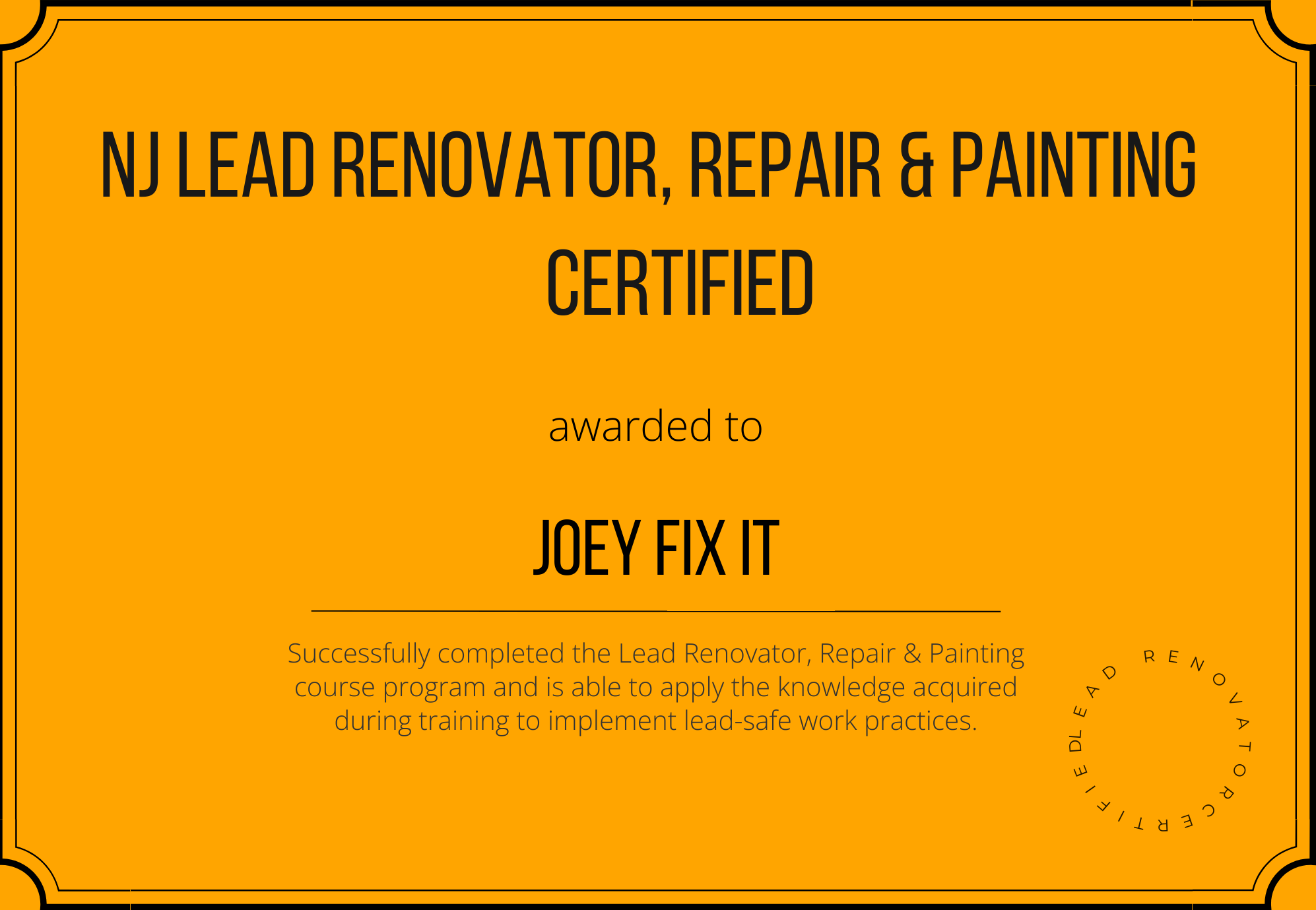 New Jersey General Contractor certificate